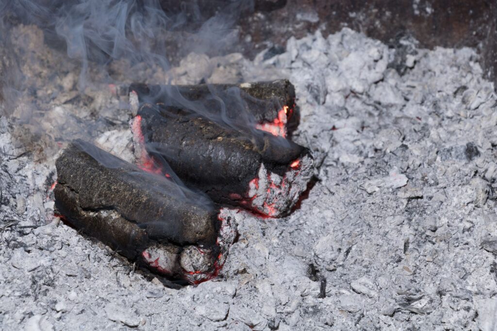 Płonący brykiet z łuski słonecznika