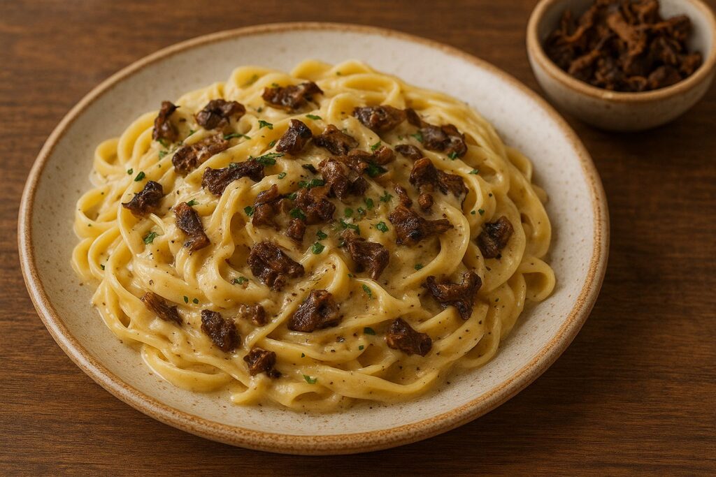 Makaron Tagliatelle w sosie śmietanowym z suszonymi pieprznikami